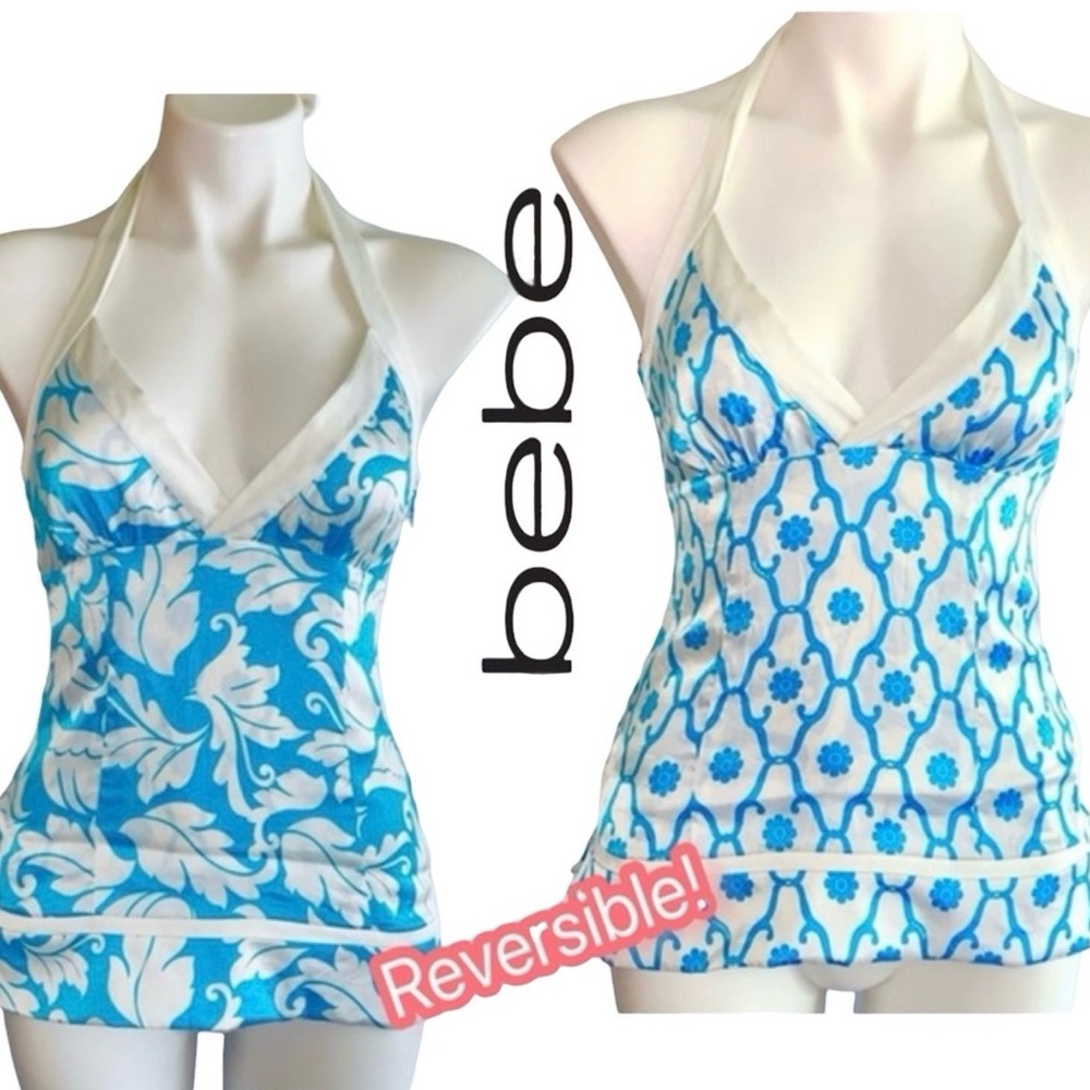 Bebe Y2K Silk Halter Top Reversible Floral Logo 2-in-1